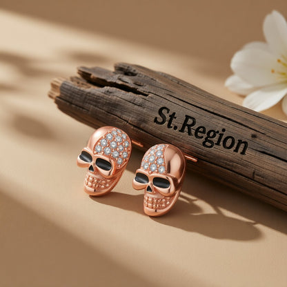 Cubic Zirconia and 18K Rose Gold-Plated Skull Stud Earrings, rose gold stud earrings for women, front view