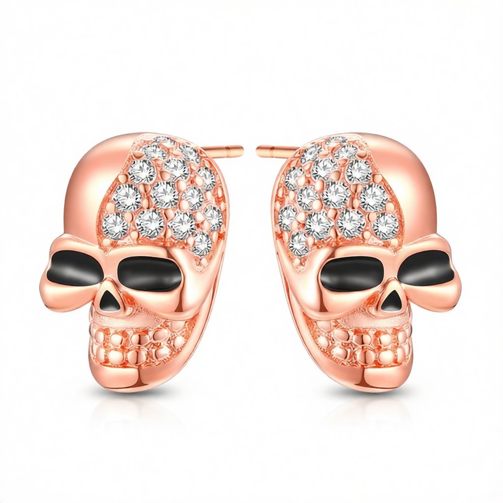 Cubic Zirconia and 18K Rose Gold-Plated Skull Stud Earrings, rose gold stud earrings for women, side view