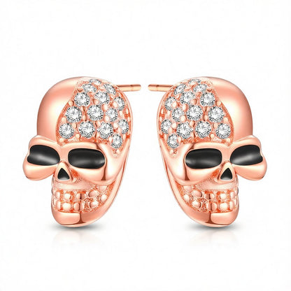 Cubic Zirconia and 18K Rose Gold-Plated Skull Stud Earrings, rose gold stud earrings for women, side view