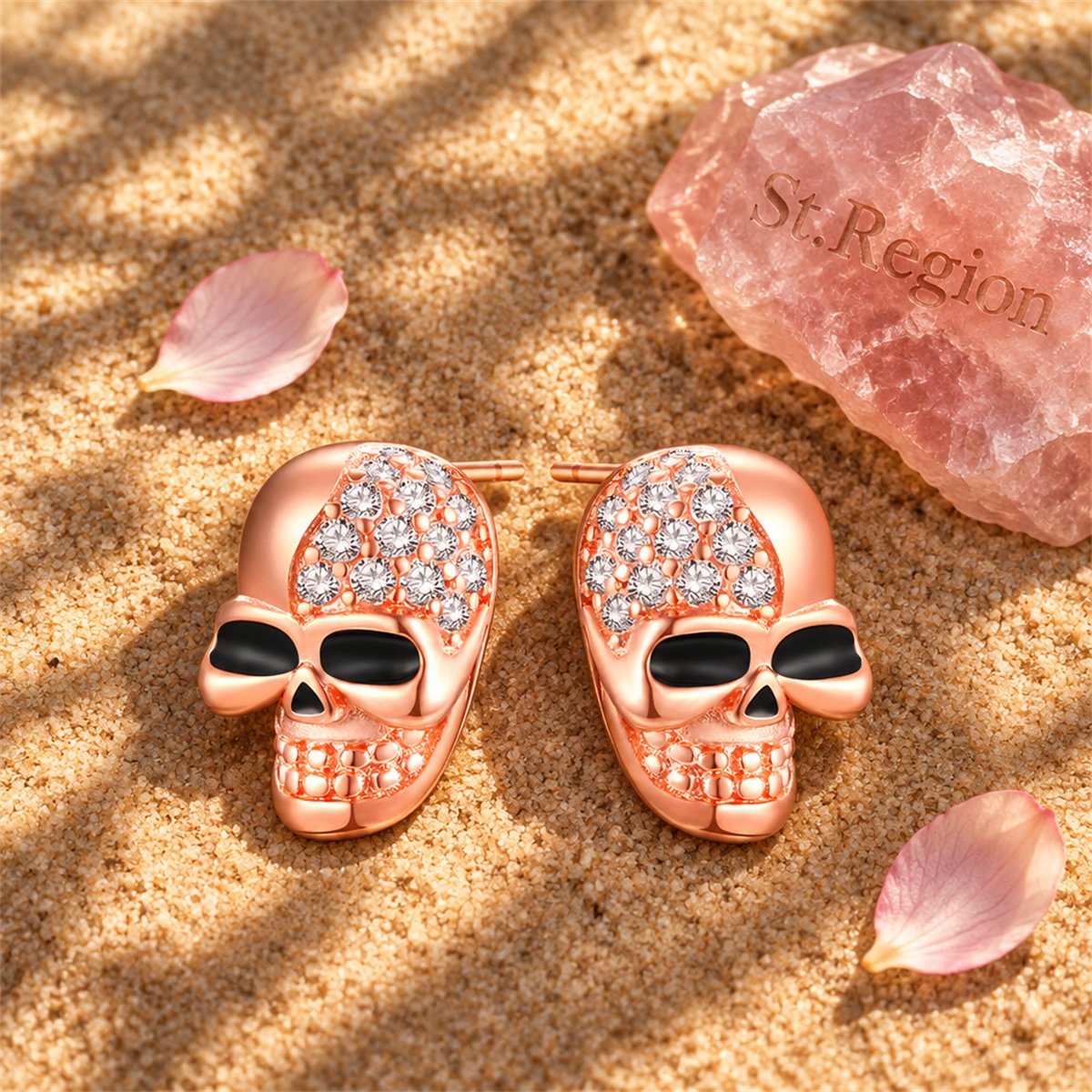 Cubic Zirconia and 18K Rose Gold-Plated Skull Stud Earrings, rose gold stud earrings for women, detail close-up