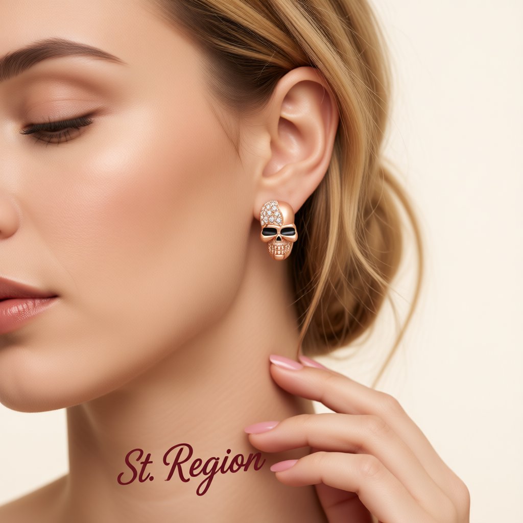 Cubic Zirconia and 18K Rose Gold-Plated Skull Stud Earrings, rose gold stud earrings for women, styled look