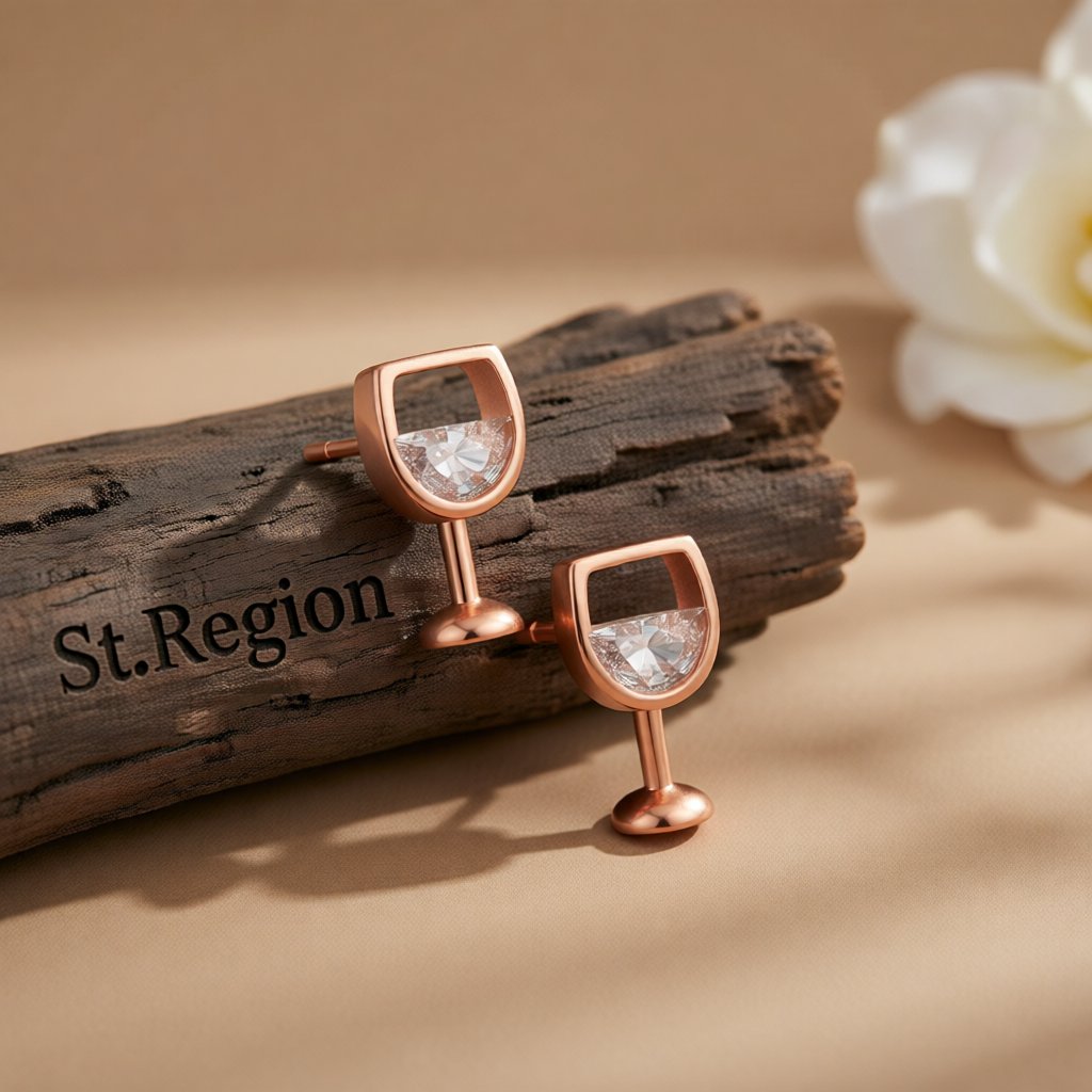 Crystal and 18K Rose Gold-Plated Wine Glass Stud Earrings, rose gold stud earrings for women, front view