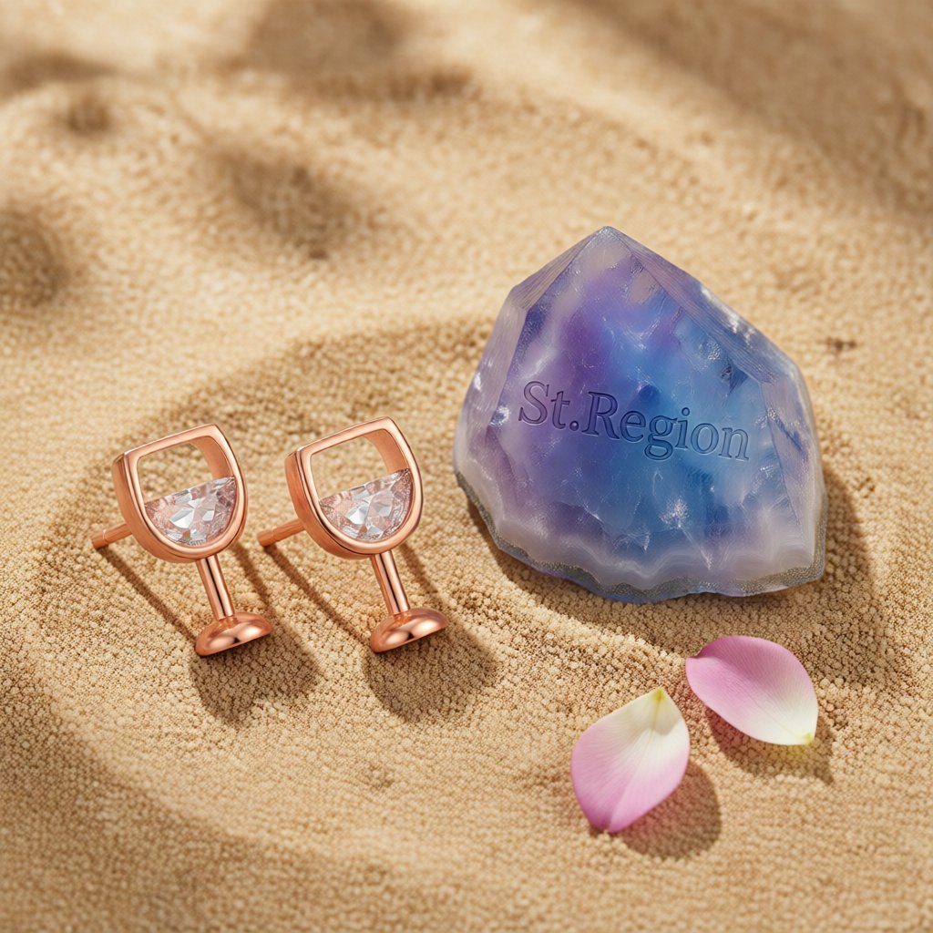 Crystal and 18K Rose Gold-Plated Wine Glass Stud Earrings, rose gold stud earrings for women, detail close-up