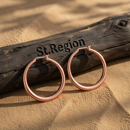 18K Rose Gold-Plated Polished Barrel Hoop Earrings, rose gold hoop earrings for women, vintage-inspired design, front view
