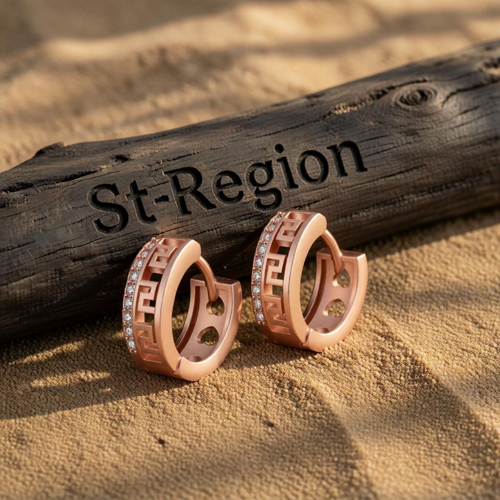 Cubic Zirconia and 18K Rose Gold-Plated Huggie Earrings, rose gold huggie earrings, vintage-inspired design, front view