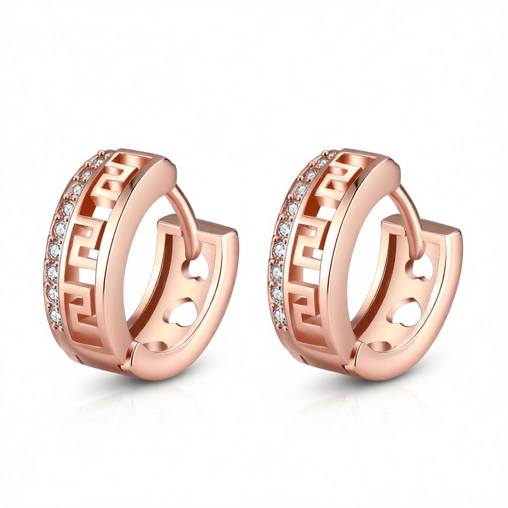 Cubic Zirconia and 18K Rose Gold-Plated Huggie Earrings, rose gold huggie earrings, vintage-inspired design, side view