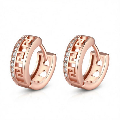 Cubic Zirconia and 18K Rose Gold-Plated Huggie Earrings, rose gold huggie earrings, vintage-inspired design, side view