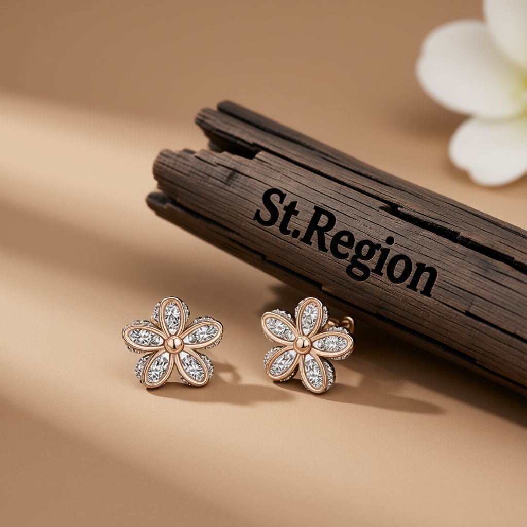 Cubic Zirconia and 18K Rose Gold-Plated Flower Stud Earrings, rose gold stud earrings for women, everyday style, front view