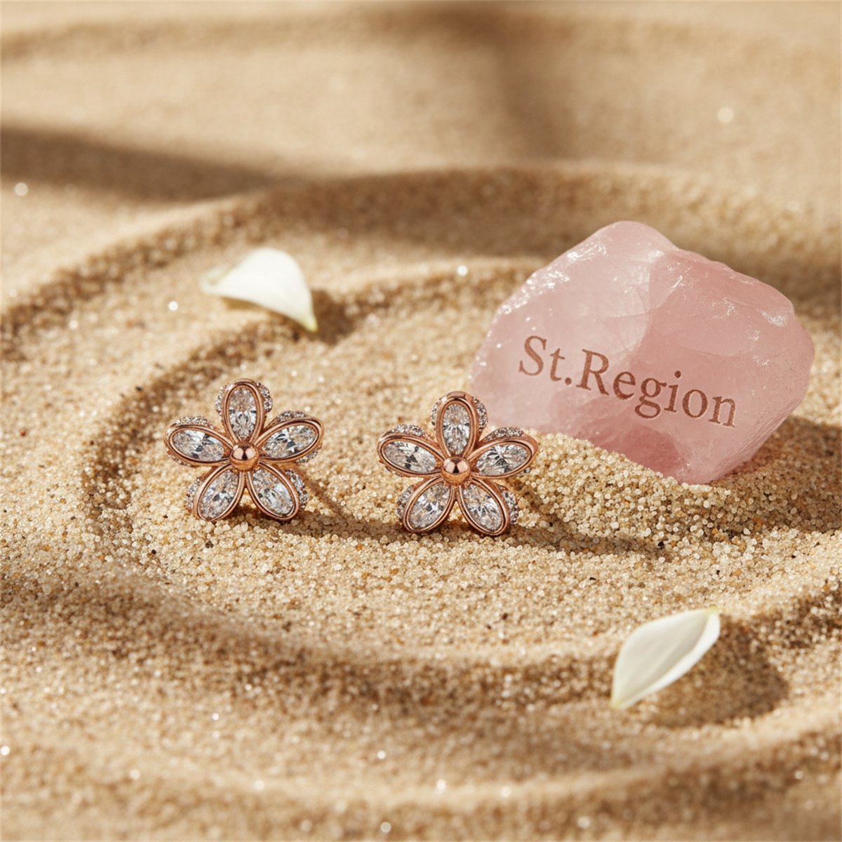 Cubic Zirconia and 18K Rose Gold-Plated Flower Stud Earrings, rose gold stud earrings for women, detail close-up