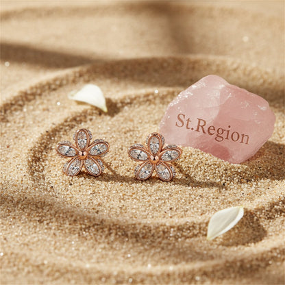Cubic Zirconia and 18K Rose Gold-Plated Flower Stud Earrings, rose gold stud earrings for women, detail close-up