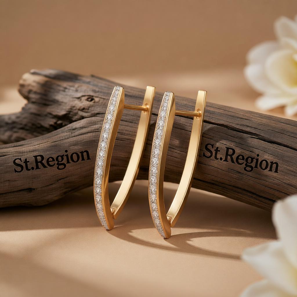 Cubic Zirconia and 18K Gold-Plated Triangle Drop Earrings, gold huggie earrings, dainty minimalist design, front view