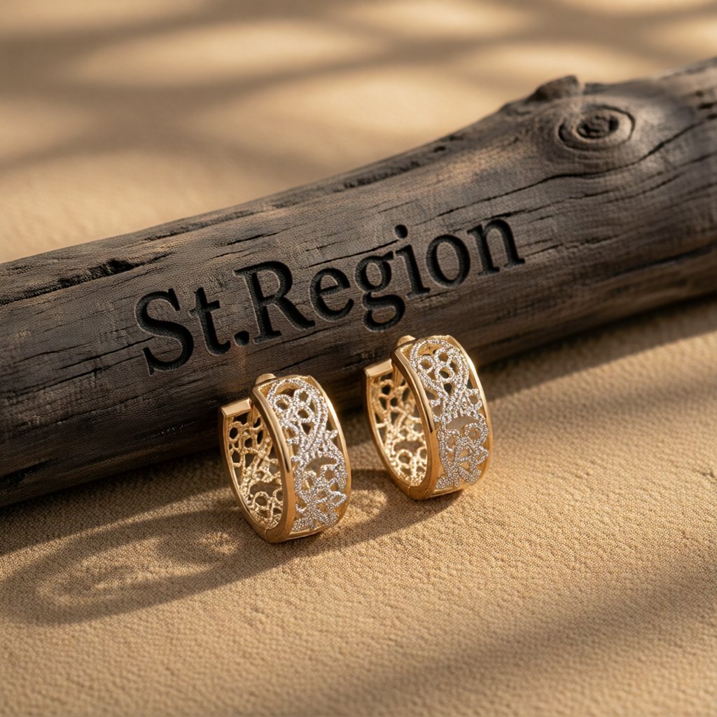 Two-Tone Embossed Cutout Huggie Earrings, huggie earrings, vintage-inspired design, front view