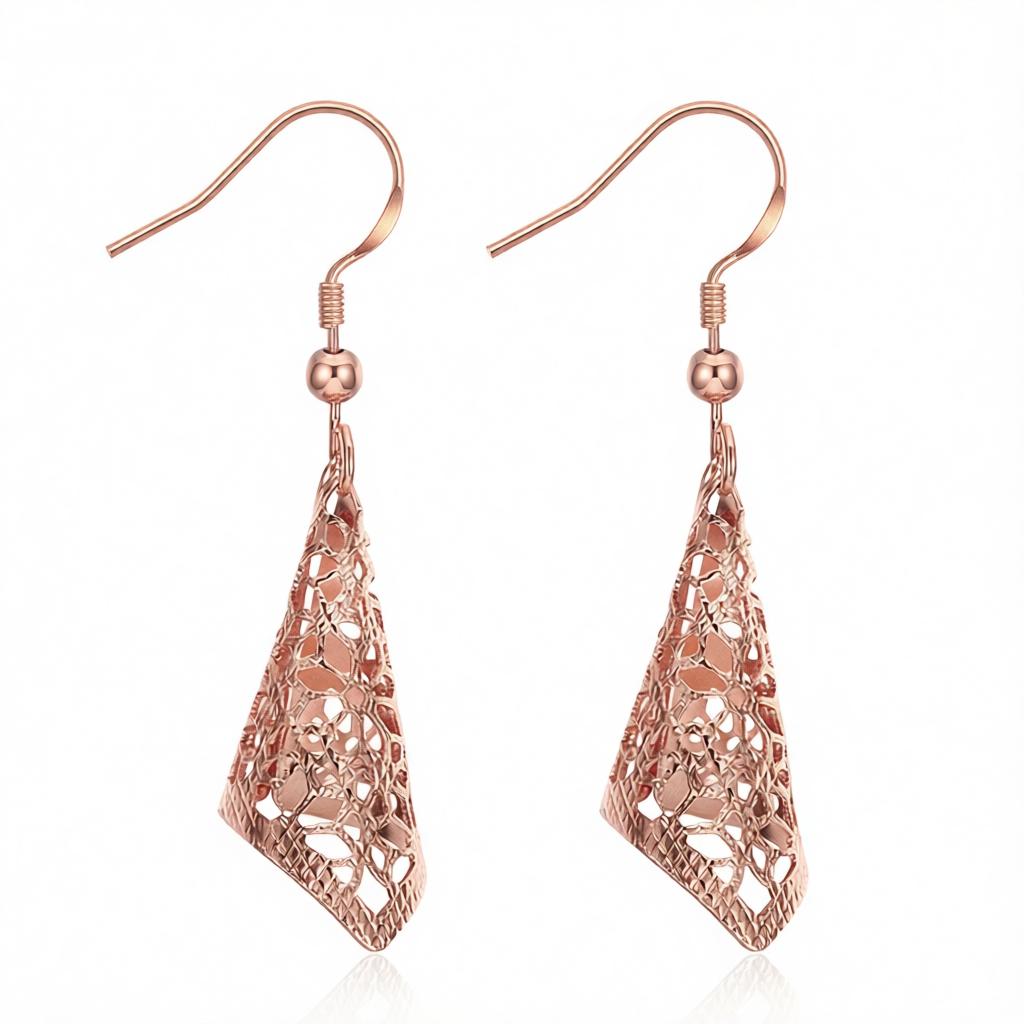 18K Rose Gold Plated Romantic Filigree Drop Earrings, rose gold drop earrings for women, dainty minimalist design, side view