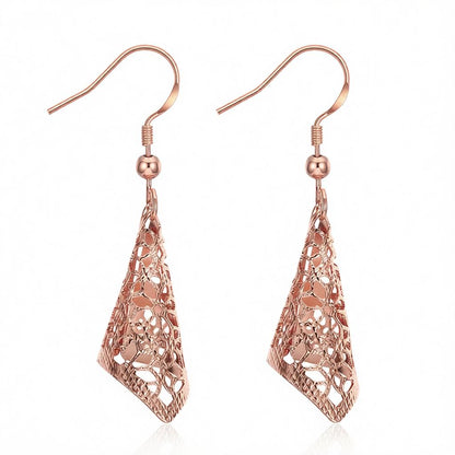 18K Rose Gold Plated Romantic Filigree Drop Earrings, rose gold drop earrings for women, dainty minimalist design, side view