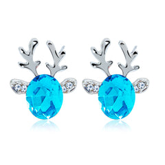 Blue Crystal & Silver-Plated Reindeer Stud Earring