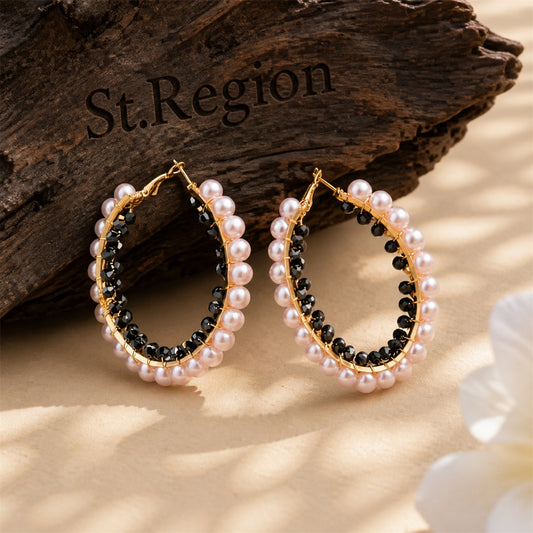 Black Acrylic & Pearl 18K Gold-Plated Hoop Earrings