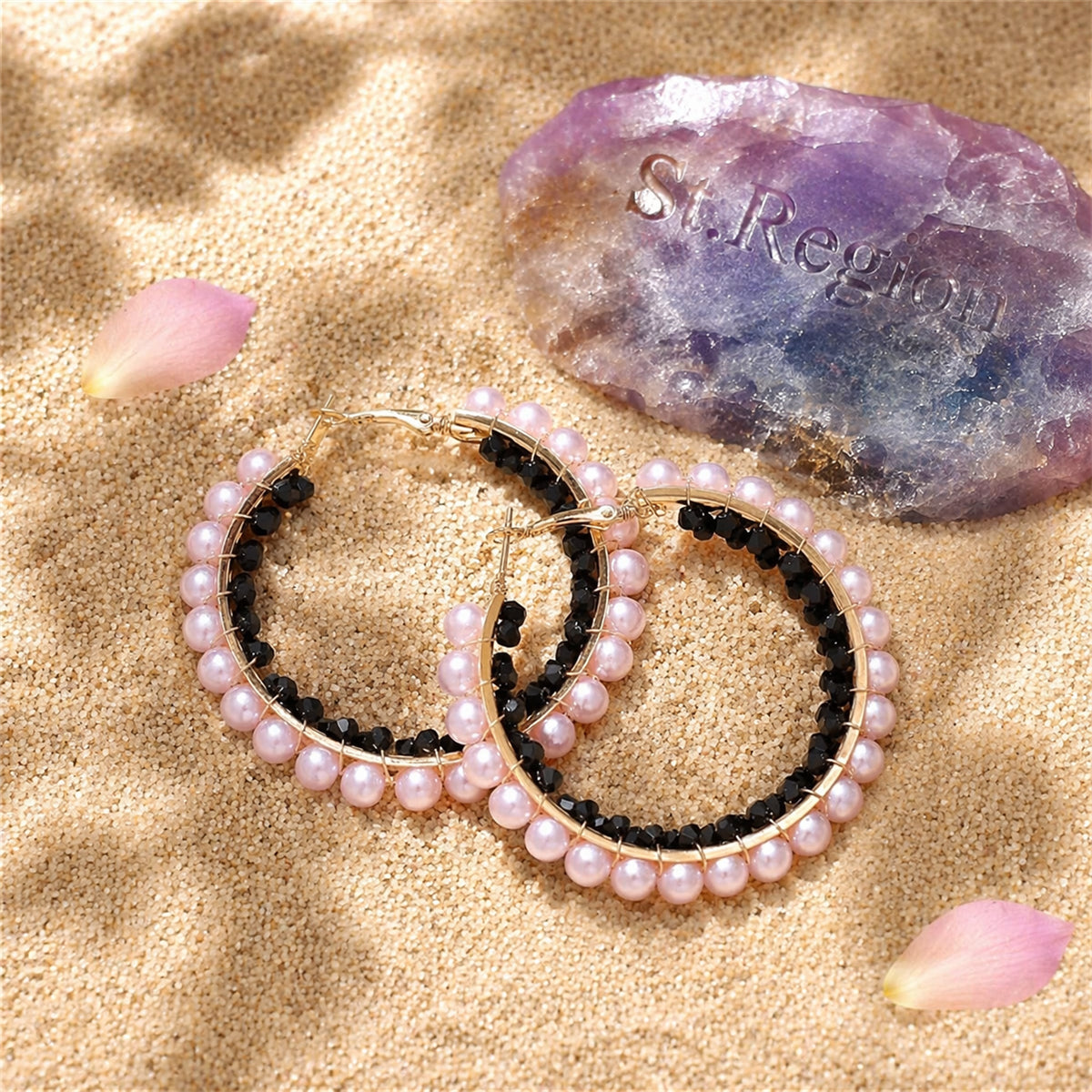 Black Acrylic & Pearl 18K Gold-Plated Hoop Earrings