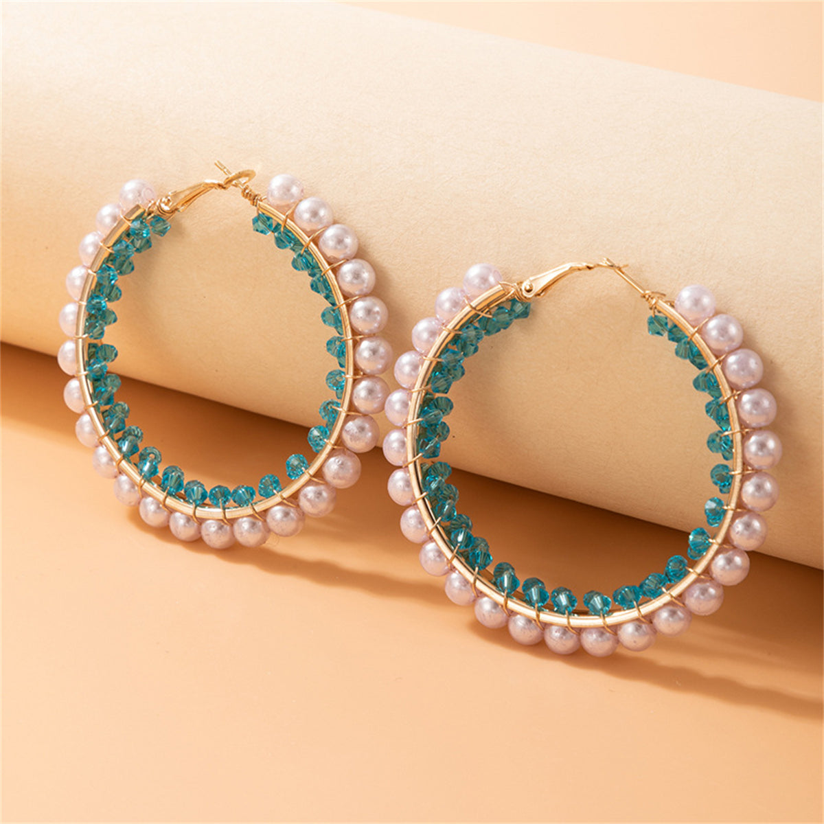 Blue Acrylic and Pearl 18K Gold-Plated Hoop Earrings, vintage-inspired design, styled look