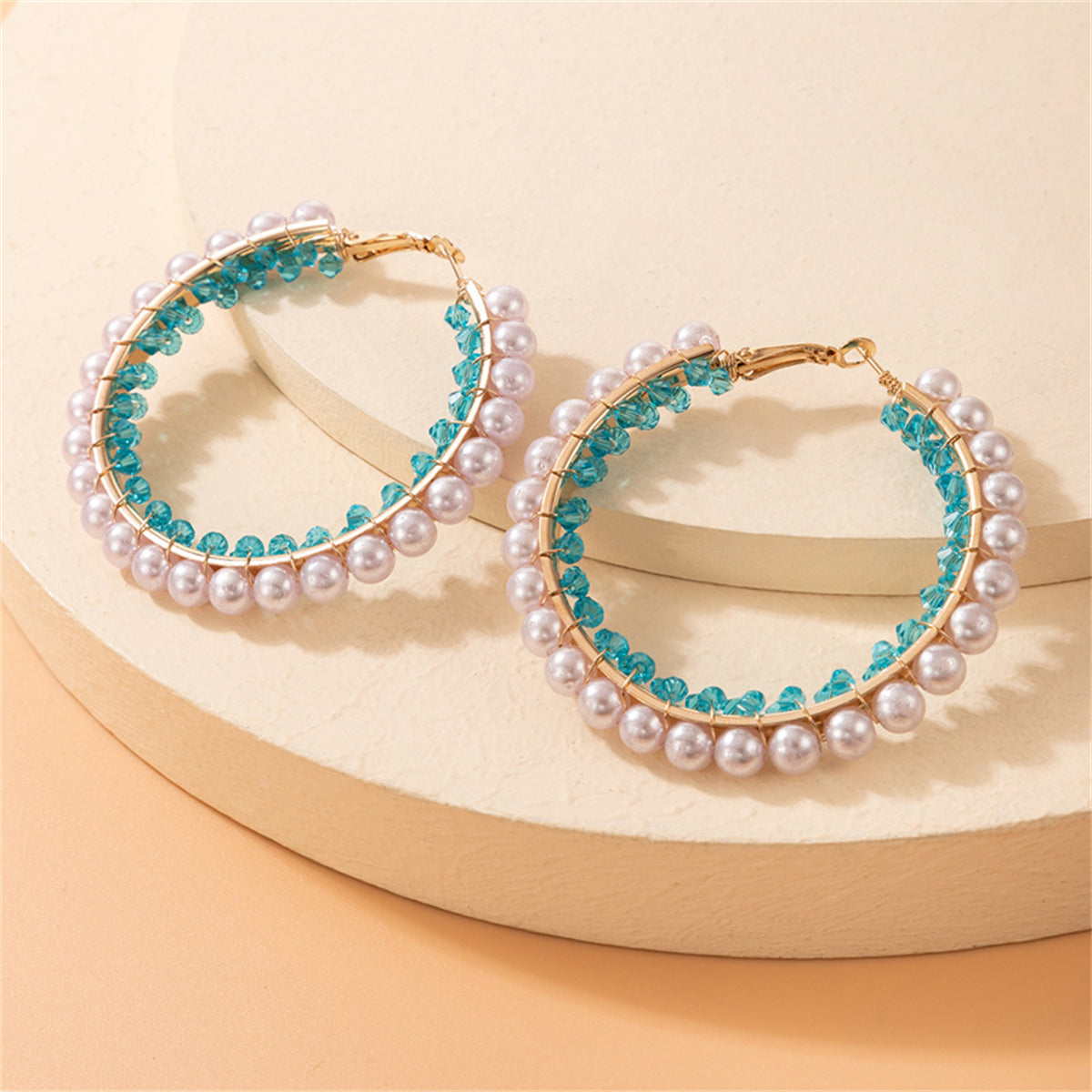 Blue Acrylic and Pearl 18K Gold-Plated Hoop Earrings, vintage-inspired design, side view