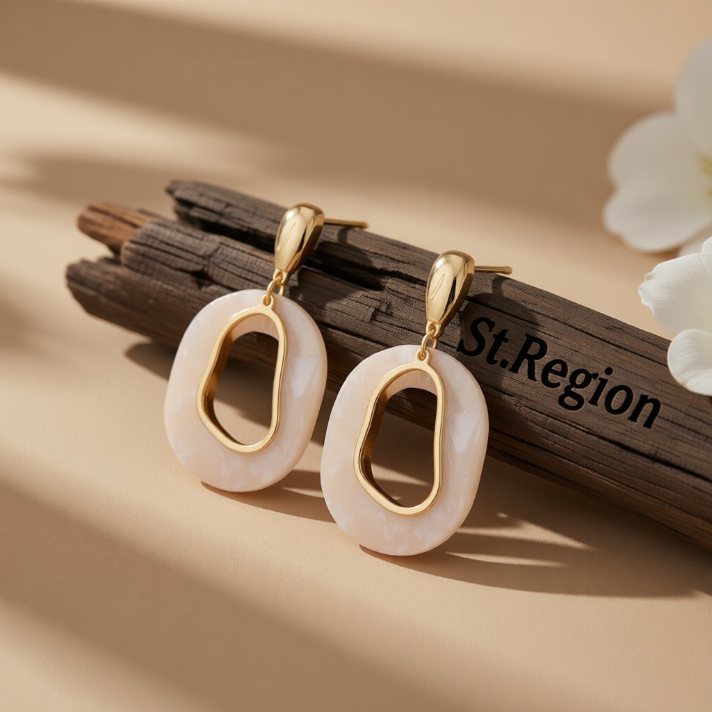 Ivory Acrylic and 18K Gold-Plated Circular Dangle Earrings, gold drop earrings for women, botanical inspired, front view