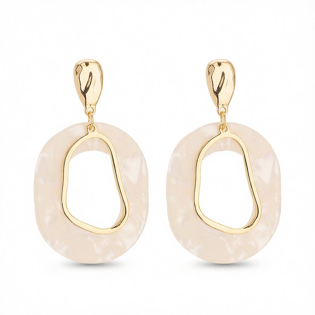 Ivory Acrylic and 18K Gold-Plated Circular Dangle Earrings, gold drop earrings for women, botanical inspired, side view