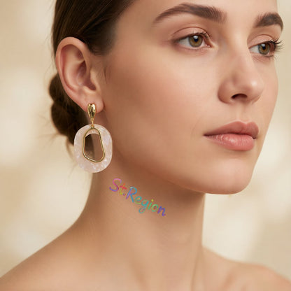 Ivory Acrylic and 18K Gold-Plated Circular Dangle Earrings, gold drop earrings for women, botanical inspired, styled look