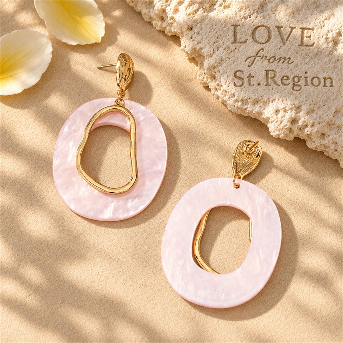 Ivory Acrylic and 18K Gold-Plated Circular Dangle Earrings, gold drop earrings for women, botanical inspired, lifestyle look