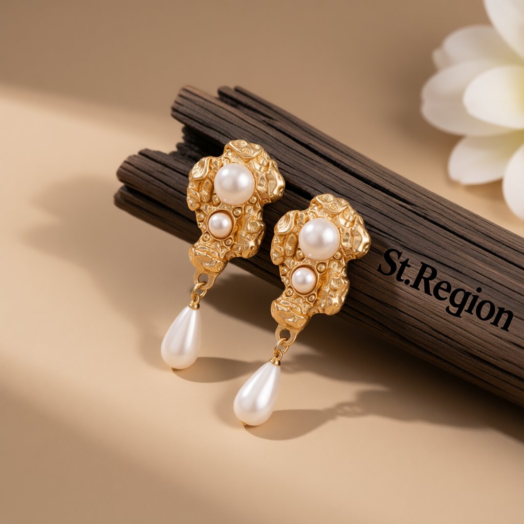 White Pearl and 18K Gold-Plated Geometric Drop Earrings, gold drop earrings for women, dainty minimalist design, front view