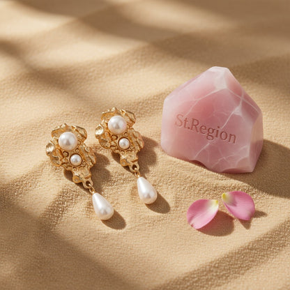 White Pearl and 18K Gold-Plated Geometric Drop Earrings, gold drop earrings for women, detail close-up