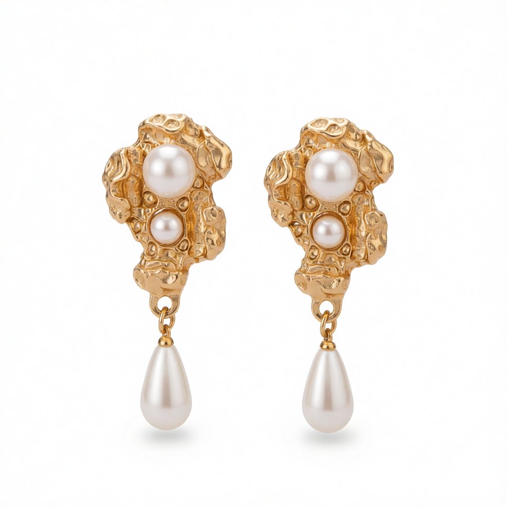 White Pearl and 18K Gold-Plated Geometric Drop Earrings, gold drop earrings for women, dainty minimalist design, side view