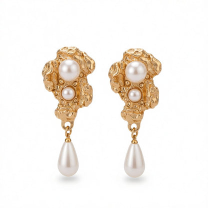 White Pearl and 18K Gold-Plated Geometric Drop Earrings, gold drop earrings for women, dainty minimalist design, side view