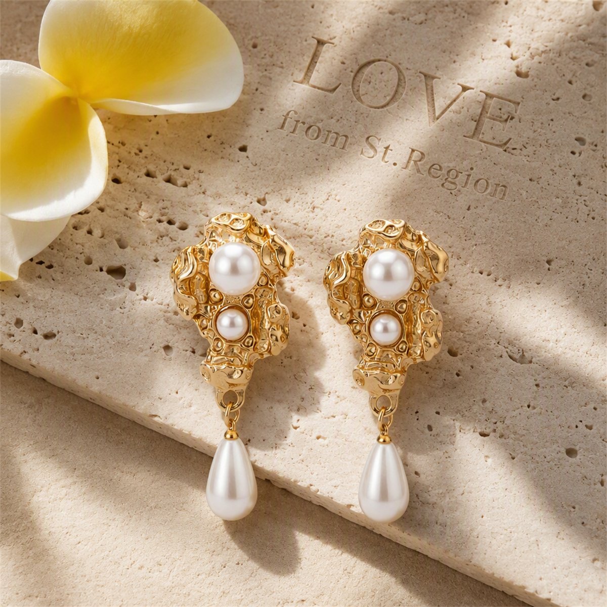 White Pearl and 18K Gold-Plated Geometric Drop Earrings, gold drop earrings for women, lifestyle look