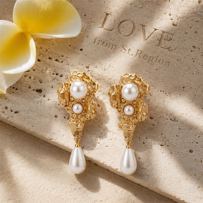 White Pearl and 18K Gold-Plated Geometric Drop Earrings, gold drop earrings for women, lifestyle look