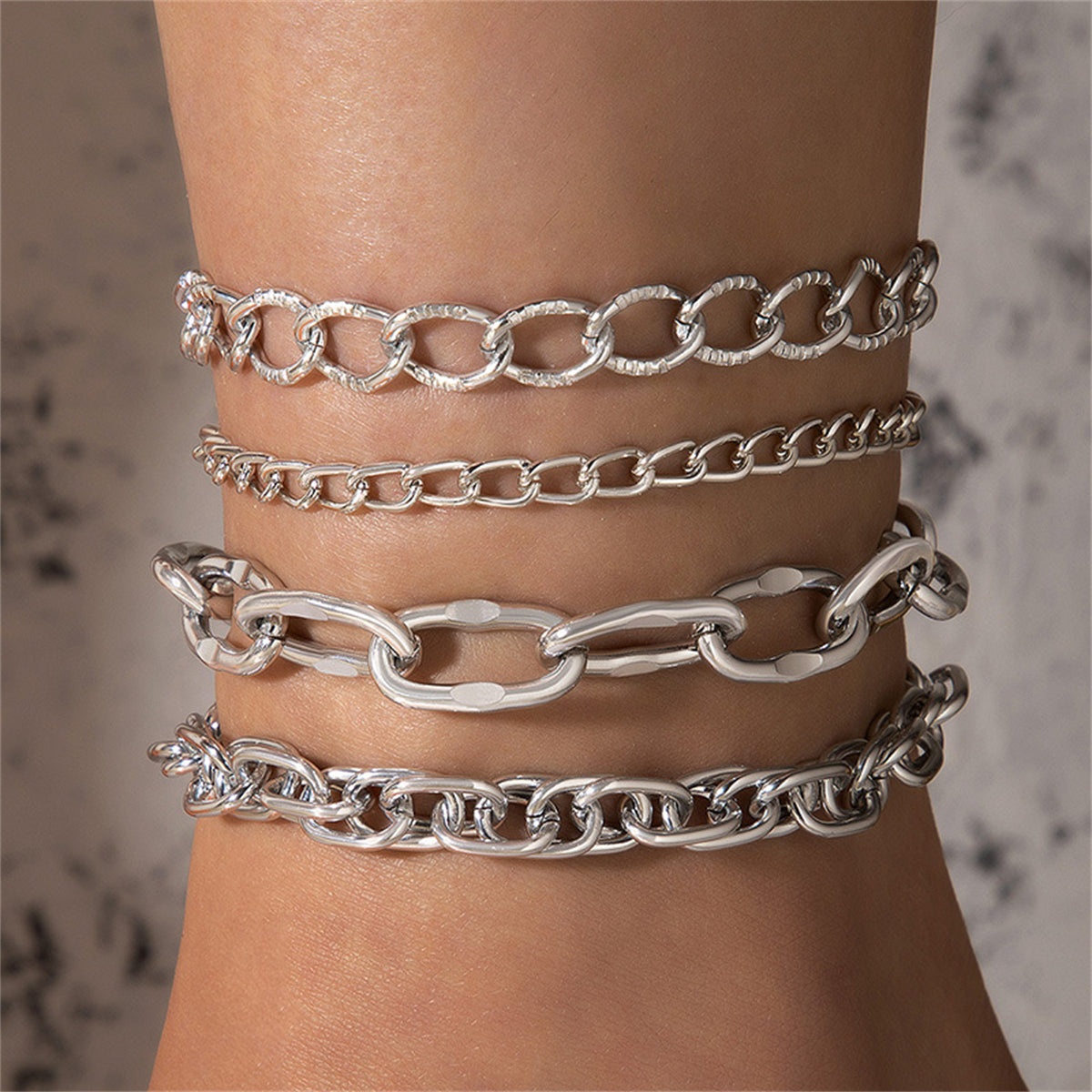 Silver-Plated Cable Chain Anklet Set