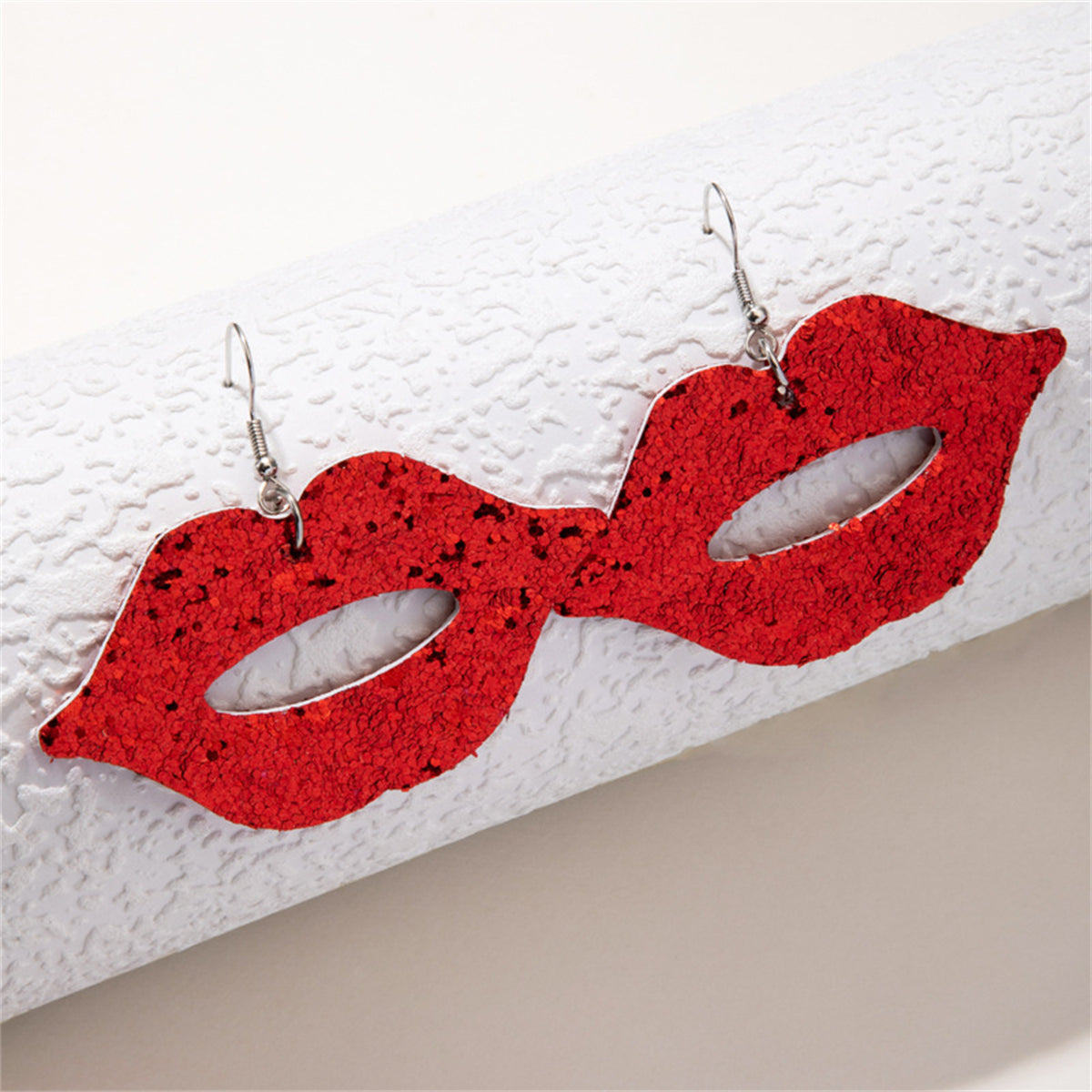Red Polystyrene & Silver-Plated Glitter Lip Drop Earrings