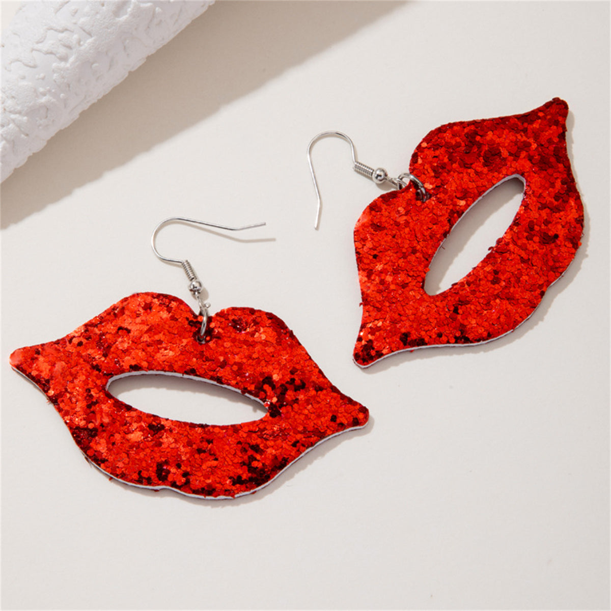 Red Polystyrene & Silver-Plated Glitter Lip Drop Earrings