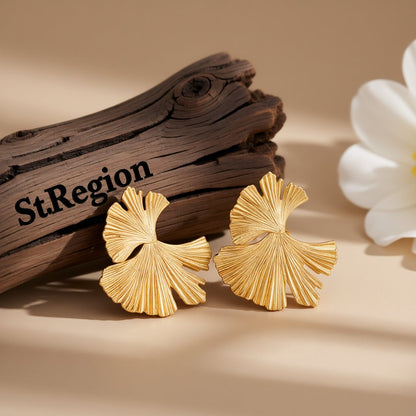 18K Gold-Plated Lotus Leaf Stud Earrings, gold drop earrings for women, vintage-inspired design, front view