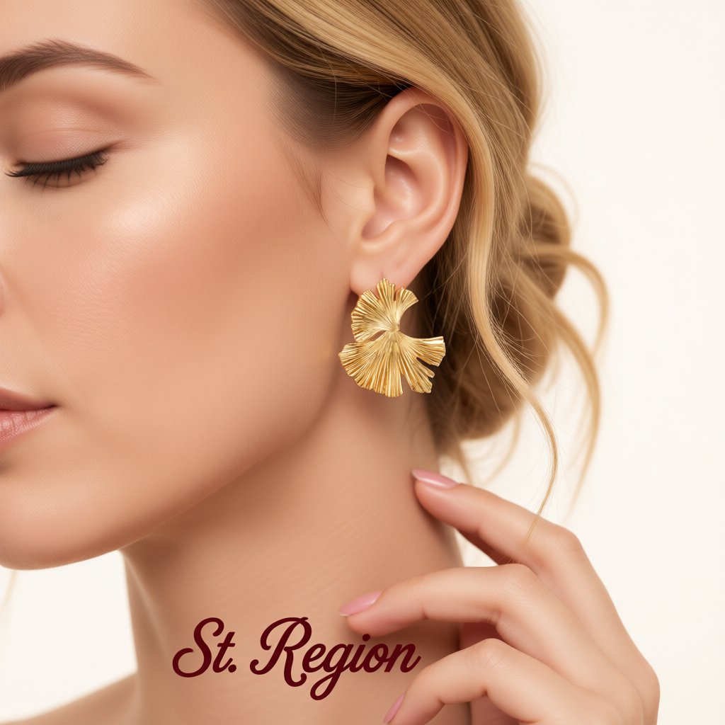 18K Gold-Plated Lotus Leaf Stud Earrings, gold drop earrings for women, vintage-inspired design, styled look