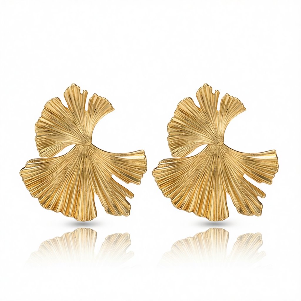 18K Gold-Plated Lotus Leaf Stud Earrings, gold drop earrings for women, vintage-inspired design, side view