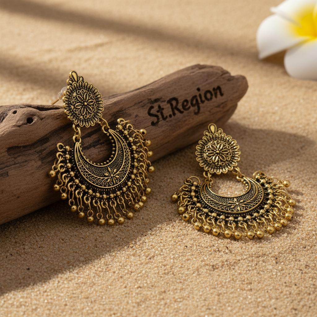 18K Gold-Plated Boho Intricate Drop Earrings, gold drop earrings for women, everyday style, front view