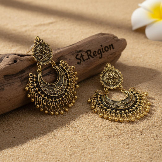 18K Gold-Plated Boho Intricate Drop Earrings, gold drop earrings for women, everyday style, front view