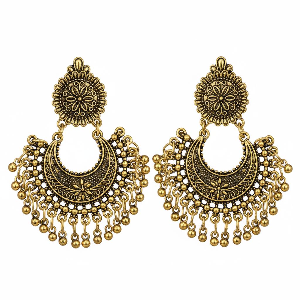 18K Gold-Plated Boho Intricate Drop Earrings, gold drop earrings for women, everyday style, side view