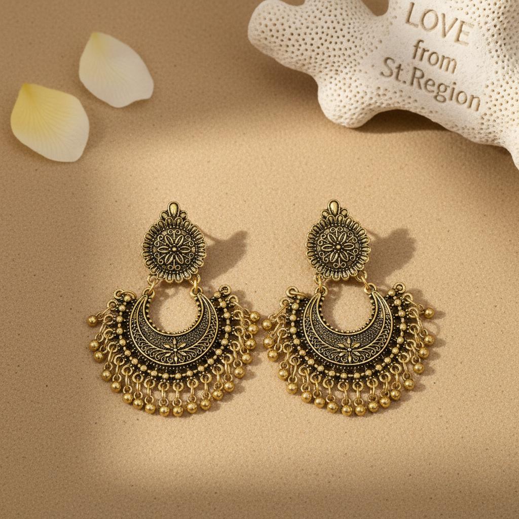 18K Gold-Plated Boho Intricate Drop Earrings, gold drop earrings for women, everyday style, lifestyle look