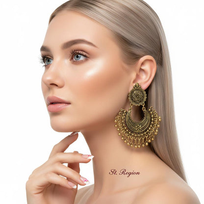 18K Gold-Plated Boho Intricate Drop Earrings, gold drop earrings for women, everyday style, styled look
