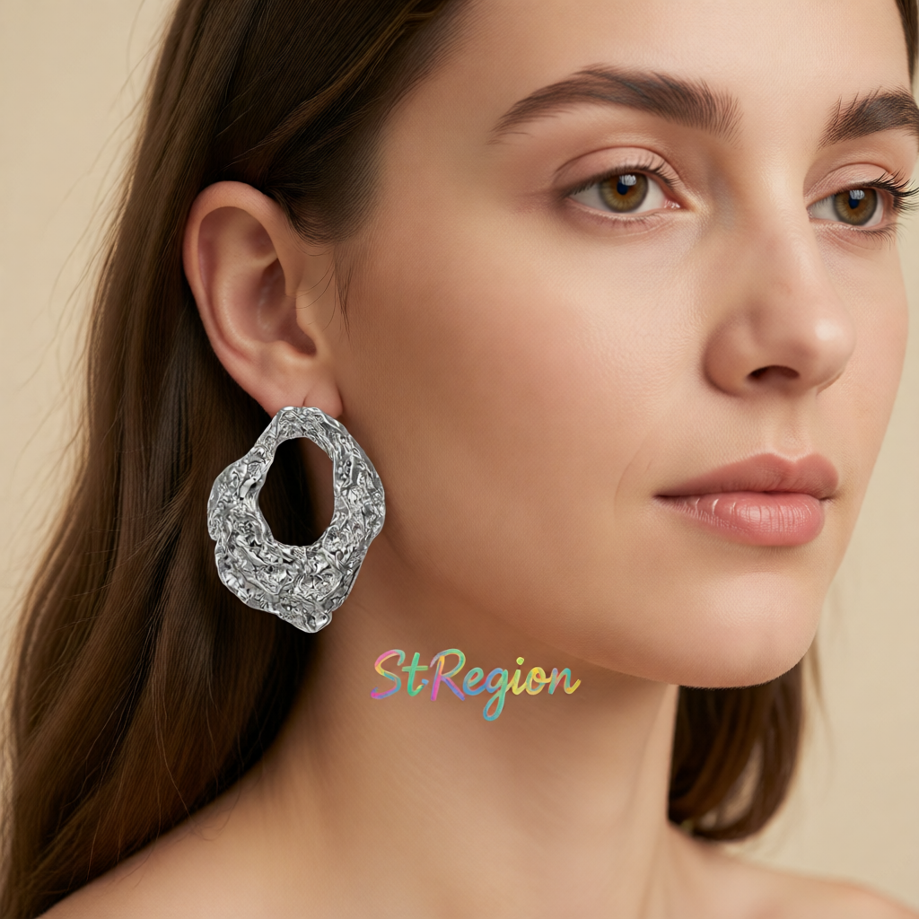 Silver-Plated Wrinkled Geometry Hoop Drop Earrings
