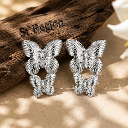 Silver-Plated Double-Butterfly Dangle Earrings