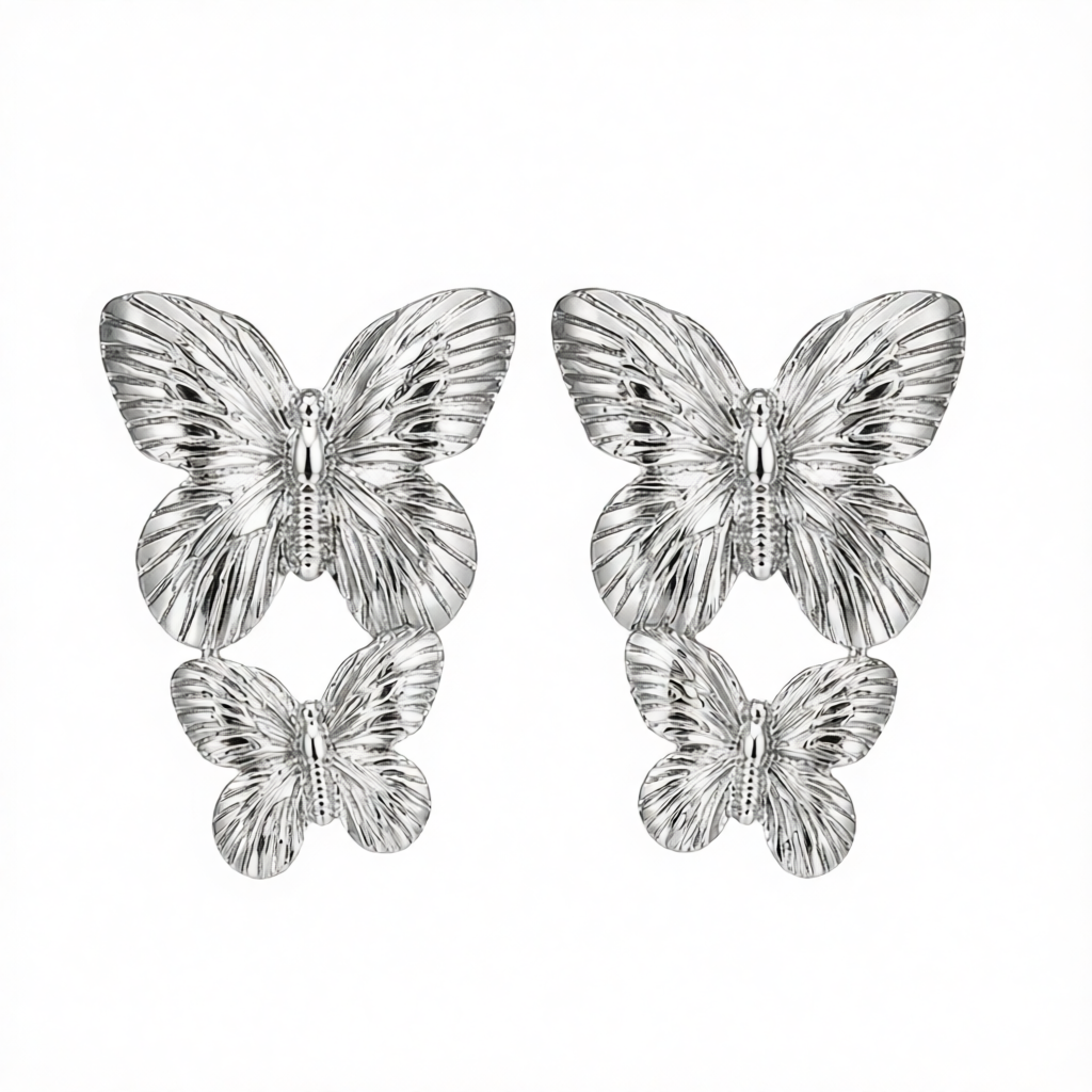 Silver-Plated Double-Butterfly Dangle Earrings