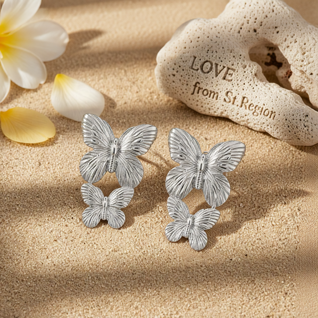 Silver-Plated Double-Butterfly Dangle Earrings