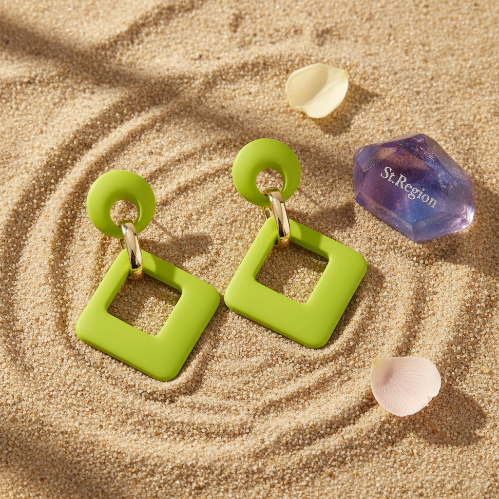 Light Green Enamel & 18K Gold-Plated Open Rhombus Drop Earrings - Street Region