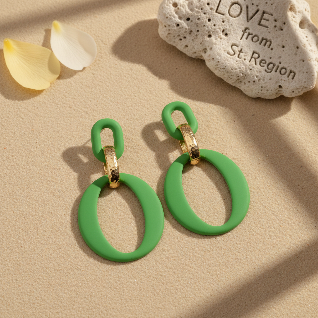 Light Green Enamel & 18K Gold-Plated Openwork Oval Drop Earrings - Street Region